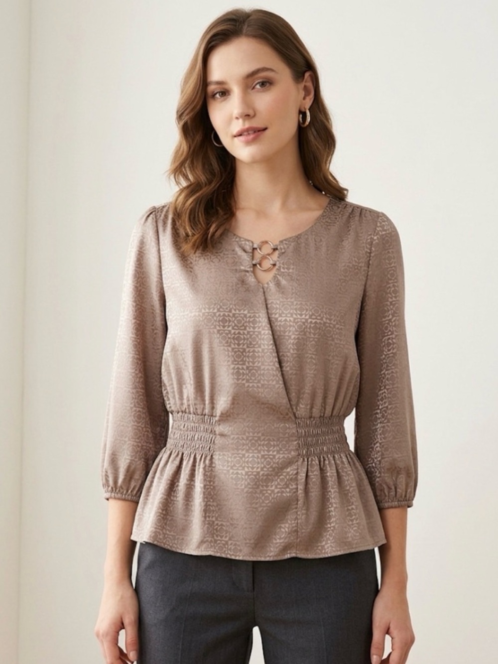 AUW Geometric Textured Peplum Blouse, Women’s M, Mauve